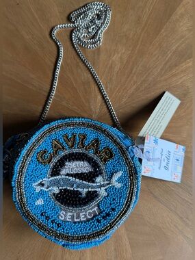Blue Beaded Caviar Round Crossbody Bag